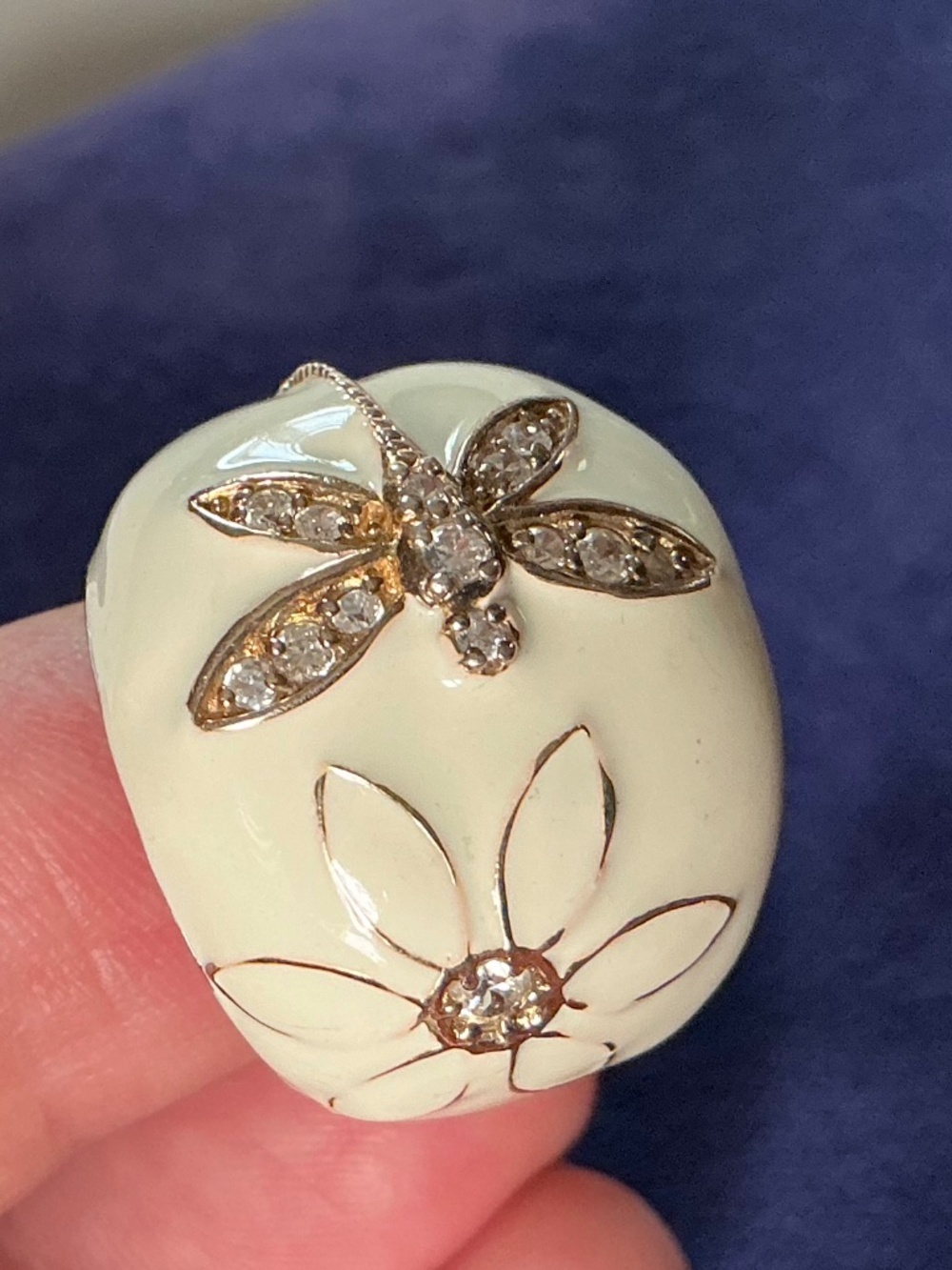 Vintage Hidalgo Diamonique 925 Silver White Enamel Dragonfly Flower Dome Ring